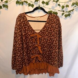easel Brown Floral Tie-Front Peasant Tunic